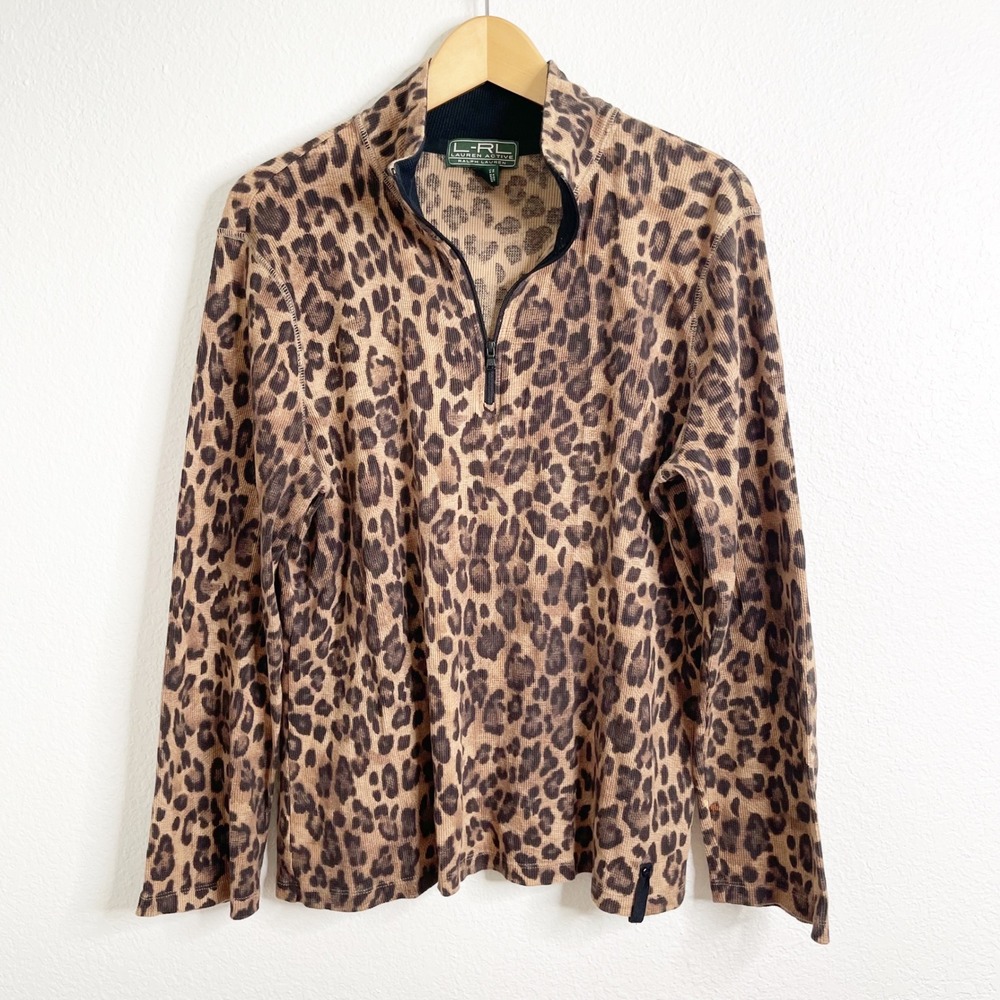 Lauren Active‎ Ralph Lauren Leopard Print Quarter Zip Waffle Knit Pullover 1X